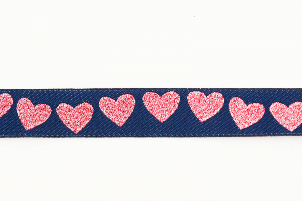 Webband Herzen dunkelblau/rosa Glitzer (1 m)